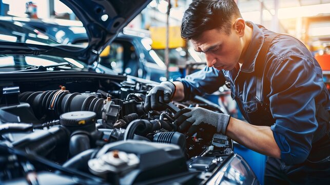 A mechanic is working on a car engine. He is checking the machinery and fixing it. The mechanic is working in an auto repair shop. He is making sure the car is in good condition.
