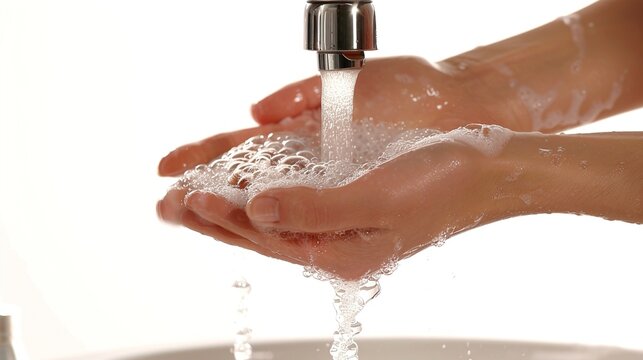 A closeup of hands being washed under a running tap with soap suds, emphasizing proper handwashing technique on a solid white background.