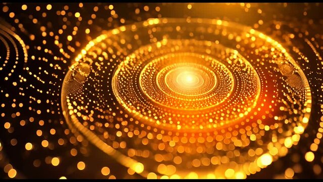 A gold circle with a lot of dots in it. The circle is surrounded by a dark background