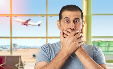 Fototapeta premium Shocked man covering his mouth with hands at airport.