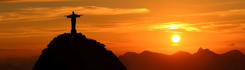 a stunning sunset illuminates a mountain peak, framed by a vibrant orange sky and fluffy white clouds