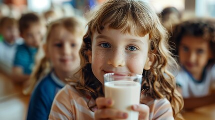  A young girl with a sweet smile holds a glass of milk, showcasing the simple joys of childhood. The image captures the innocence and happiness of a child enjoying a healthy drink.