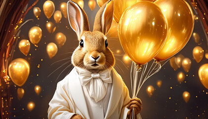 A rabbit wearing white dress holding golden balloons