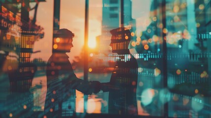Silhouettes of Two Businessmen Shaking Hands in Front of Cityscape.