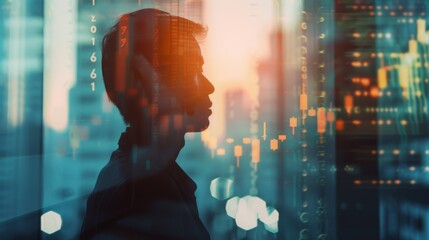 Businessman Silhouette with Cityscape and Stock Market Data Overlay.