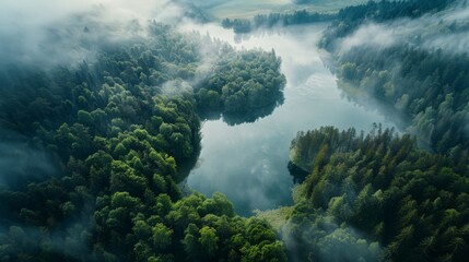Misty Lake in the Forest.