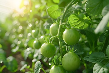 Fresh and Vibrant Green Tomatoes Growing on Vine in Morning Sunlight
