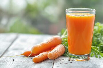 carrot juice in a glass and carrots on wooden table