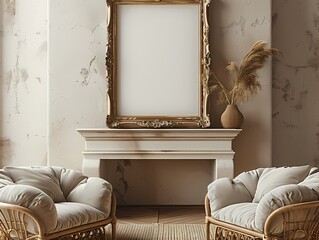 Mock up empty  picture painting frame border, on white wall with vintage sofa and fire place, , gold wooden Louis luxury style, wabi sabi, farmhouse interior 