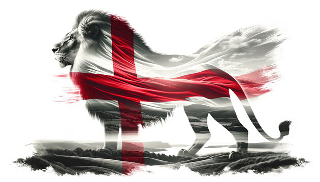 A majestic lion draped in the English flag.isolated on white