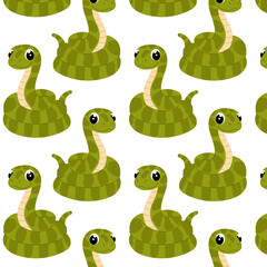 Fototapeta premium Pattern with green snake in flat styleon white background. Cartoon illustration of a viper on a white background. Symbol of the 2025 year. Pattern for textile, wrapping paper, background.