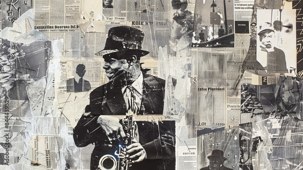 Wall mural a collage of newspaper clippings with a man playing a saxophone