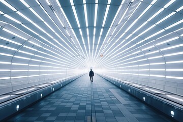 A person walks down a long, empty tunnel with bright lights. Concept of dejavu or déjà vu effect
