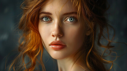 Obraz premium A woman with red hair and blue eyes is standing in front of a wall