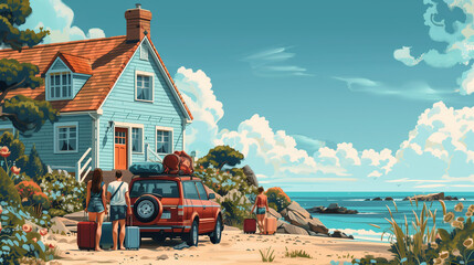 Destination Beach Paradise: Family Settles in for a Summer Holiday. Family vacation concept