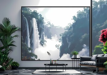 Mock up  black  thin frame border for art, landscape wall art hanging in the living room with modern  minimal style sofa , neutral color  background, wallpaper