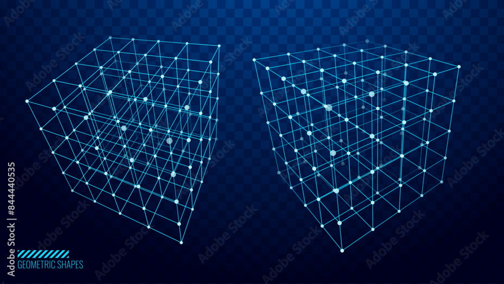 Poster Cyberpunk Technology 3D Cube. Futuristic HUD Design Objects. Computer Server Algorithm Array Concept. Cyber Game Element Vector Illustrator.