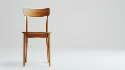 A Scandinavian-style wooden dining chair, light oak finish, straight back, straight-on view, against a white background. The background is minimalistic and clean, sharp focus on the chair. Soft,