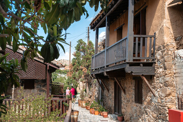 Traditional stone houses with wooden balconies at Kakopetria village. Nicosia District, Cyprus