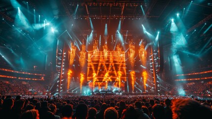 Fireworks and Concert: A live outdoor concert with a fireworks display as the backdrop. Crowd cheering, hands raised, at live show. Concert, show, stage, club, event.	