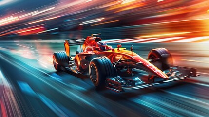 A racing car at high speed with motion blur background. A racer on a racing car passes the track, depicting motor sports competitive team racing in digital art