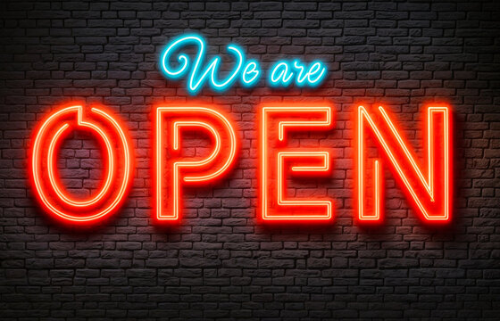3d render illustration of vibrant neonlight neon sign lights that word text We are open in a modern font, set against a brick wall