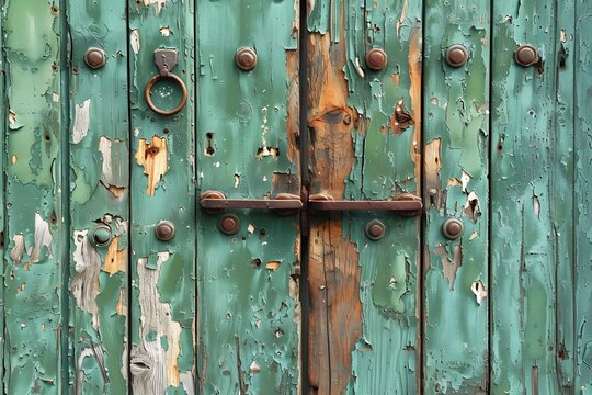 Rustic Weathered Green Wooden Door with Peeling Paint and Iron Hardware - Perfect for Vintage Decor and Design