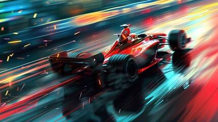 Obraz premium A racing car at high speed with motion blur background. A racer on a racing car passes the track, depicting motor sports competitive team racing in digital art