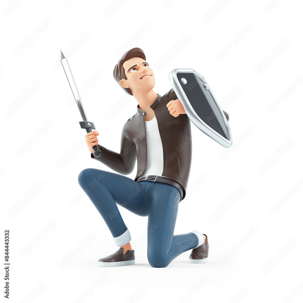 Wall mural 3d cartoon man with shield and sword defending