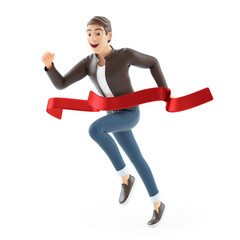3d cartoon man crossing finish line red ribbon