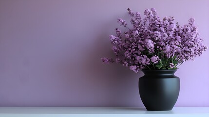 Fototapeta premium A black vase with purple flowers against a lavender-colored wall, creating an elegant and stylish composition