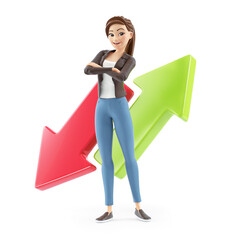 3d cartoon woman in front of up and down arrows