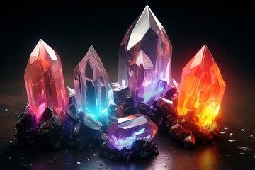 Vivid assortment of illuminated gemstone crystals against a dark backdrop, exuding luxury and mystique