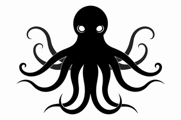 A minimalist vector illustration of an octopus, depicted in a sleek black silhouette, set against a clean white background.