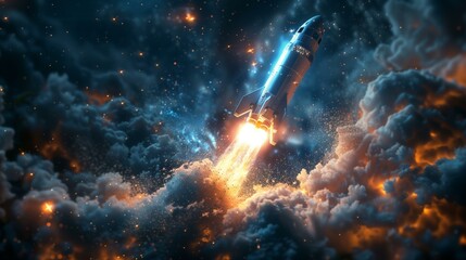 Rocket taking off from launch pad starry night sky with clouds business startup project, travel