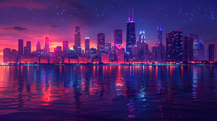 Fototapeta premium Amazing Painting of a city skyline with a lake and a boat in the foreground