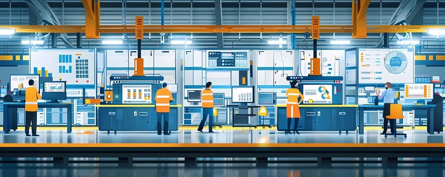 Flat design of lean manufacturing with kaizen boards, tracking improvements, and team collaboration