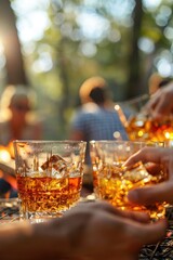 alcohol, whiskey, nature, recreation, barbecue. Selective focus