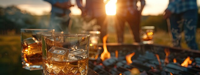 alcohol, whiskey, nature, recreation, barbecue. Selective focus