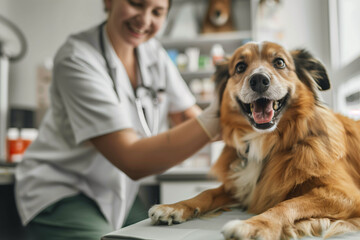 A close-up of a veterinarian gently examining a happy dog on an examination table in a bright, clean clinic, with various medical tools and pet care products in the background 