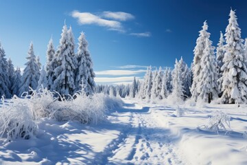 Obraz premium A beautiful snowy forest with towering mountains in the distance