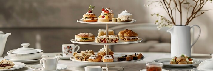 elegant afternoon tea spread on a transparent background featuring a variety of cakes, tea cups, and saucers, accompanied by a silver spoon and a white pitcher the table is set against a