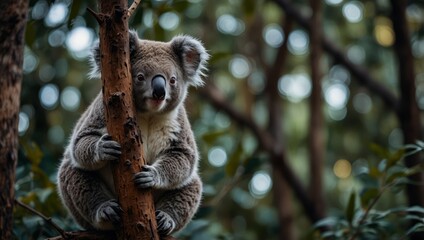 Obraz premium A koala sits on a tree branch amidst a forest's dense trees.
