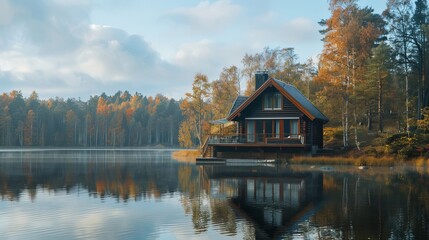 A stylish cabin house sits by a lake, surrounded by picturesque views.