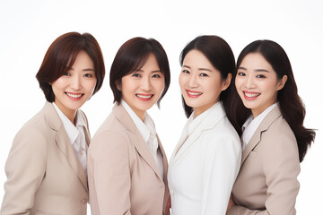 Fototapeta premium Group of smiling asian businesswomen at work on white background. Women in suits at work. Boss women. Political woman. Image for graphic designer. Business world. Job recruitment. Asia. China. Japan