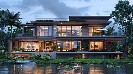 Fototapeta premium Amazing Photorealistic house with wooden architecture and timber structure