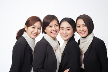Group of smiling asian businesswomen at work on white background. Women in suits at work. Boss women. Political woman. Image for graphic designer. Business world. Job recruitment. Asia. China. Japan

