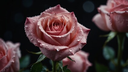 A close-up of a pink rose with water droplets on its petals and in the middle, a dark background. - Powered by Adobe