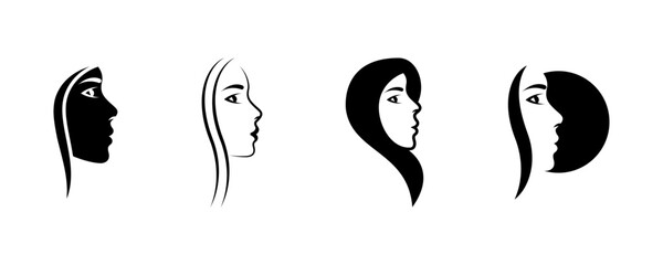 Set of woman face vector. Black silhouette with profile young and beauty girl. Sexy lady with hair. Vector 10 Eps.