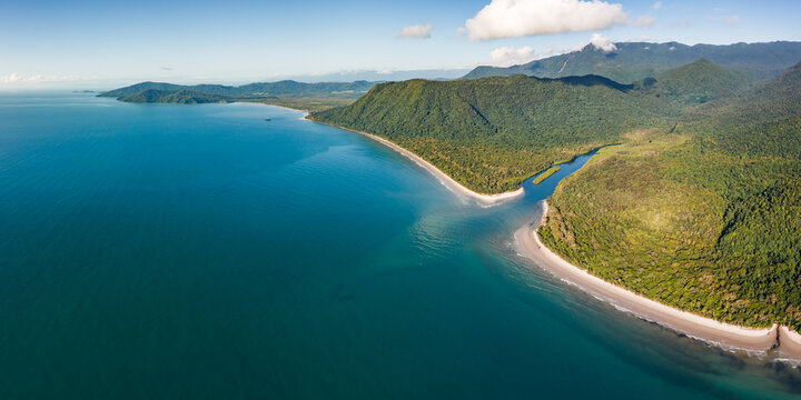 Aerial panorama of river and coastline, Cape Tribulation, Daintree National park, Queensland, Australia